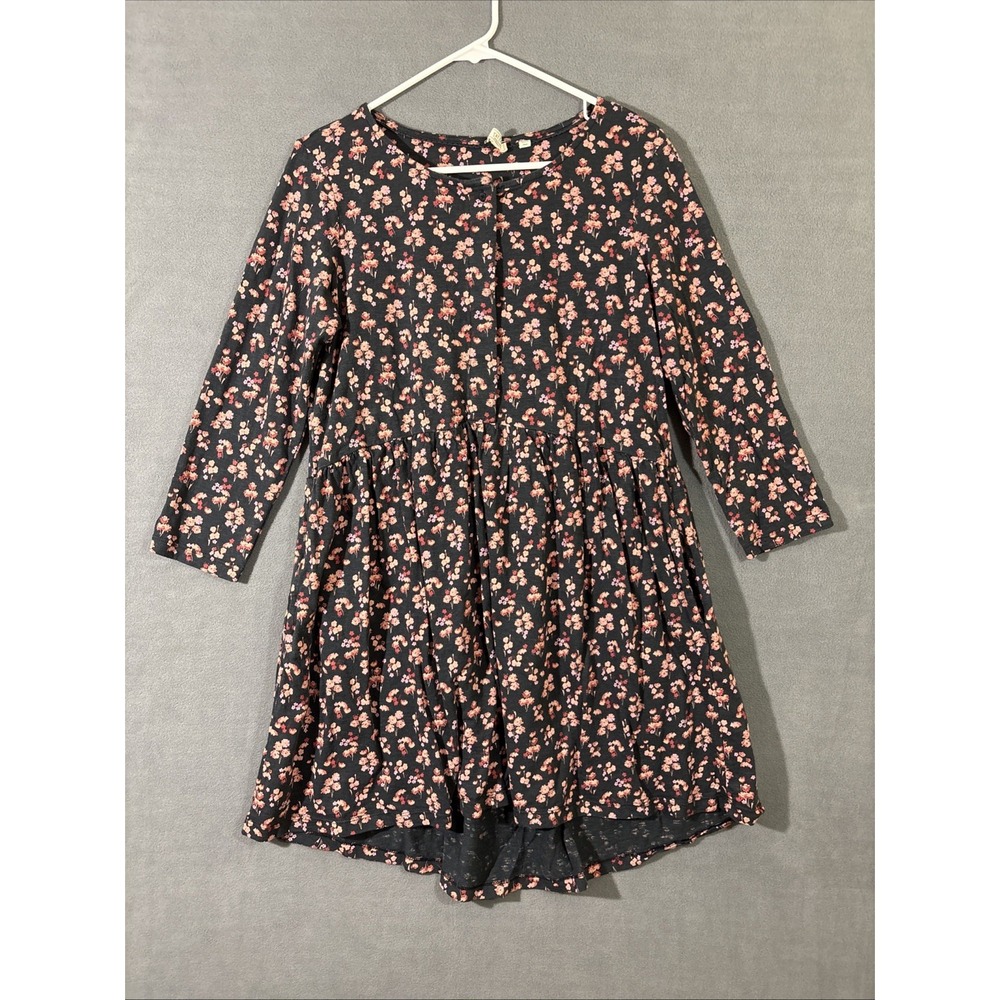 Fat‎ Face US 10 Floral Dress Pink Gray Buttons on Sleeves Cute Hi Low Hem
